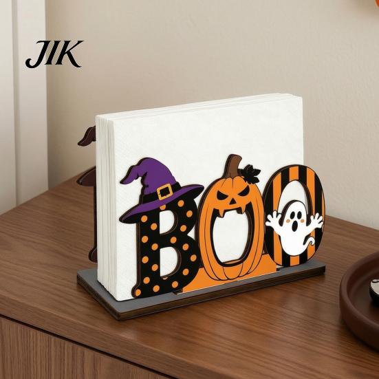 Desktop Holiday Decoration Halloween Wooden BOO Napkin Holder, Cartoon Ghost Pumpkin Witch Hat Paper Towel Ornament Wood Table Centerpiece for