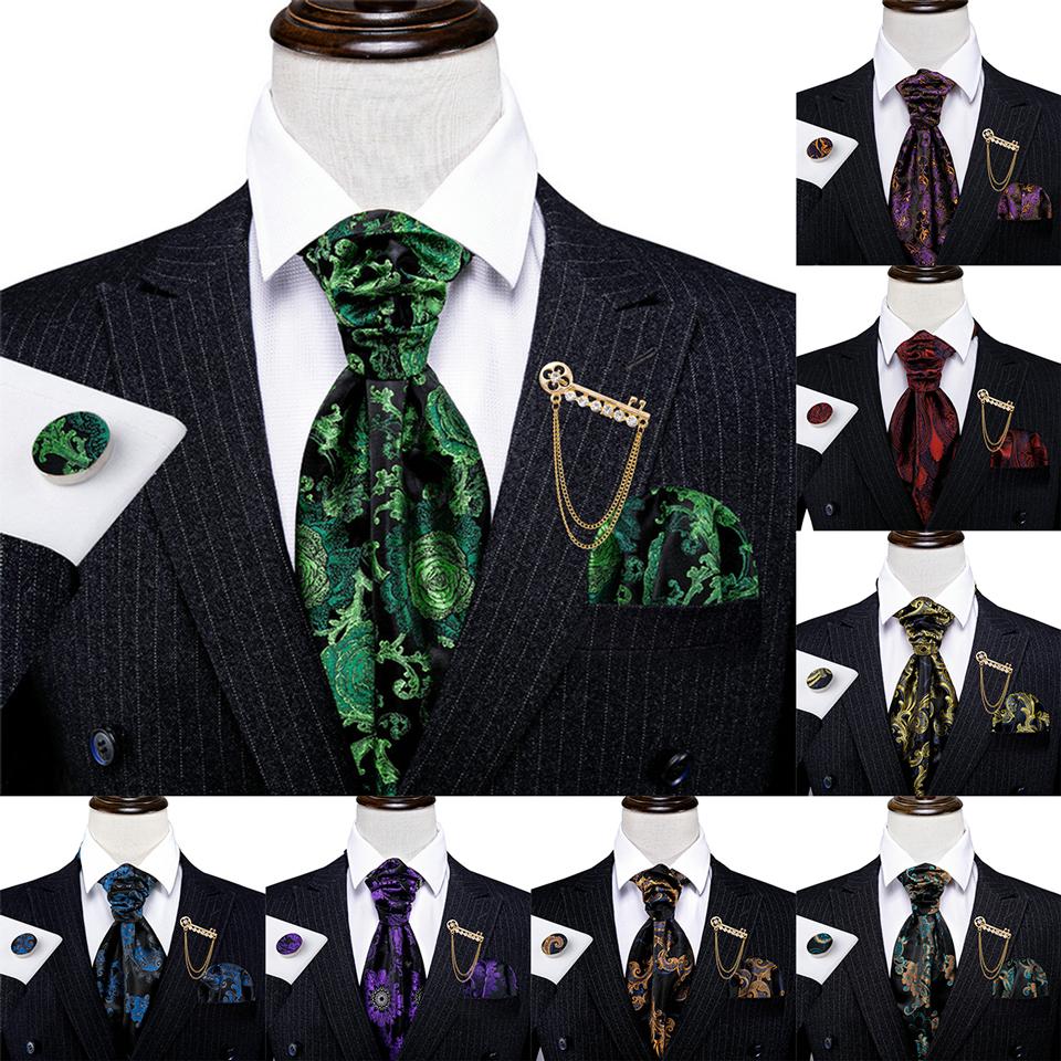 Barry.Wang Mens Ascot with Brooch Floral Jacquard Silk Cravat Tie Hanky Cufflinks Set