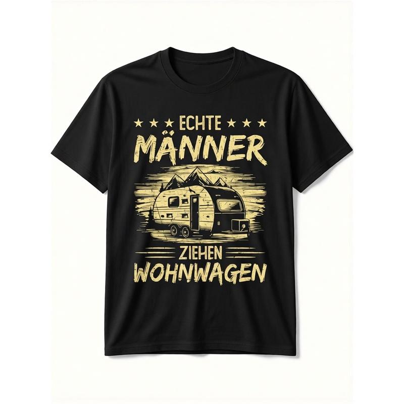 Caravan Says Men's Vintage RV Camper Graphic T-Shirt - Funny German Text "Echte Manner Zwischen Wohnwagen" (Better with Camper Van), Black Retro