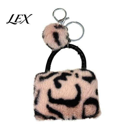 Key Ring with Pompom Leopard Print Plush Handbag Keychain, Mini Bag Pendant Pompom, Backpack Decorative Accessory for Women Girls Holder