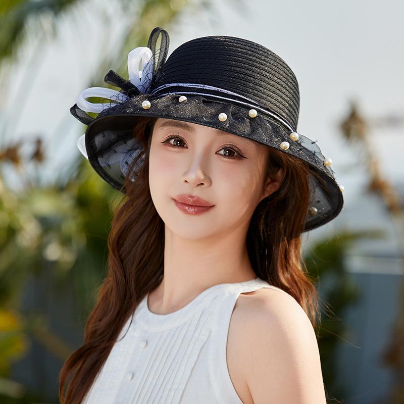 New hat women's summer beads fashionable versatile retro elegant flower temperament sunshade sunscreen cool hat top hat