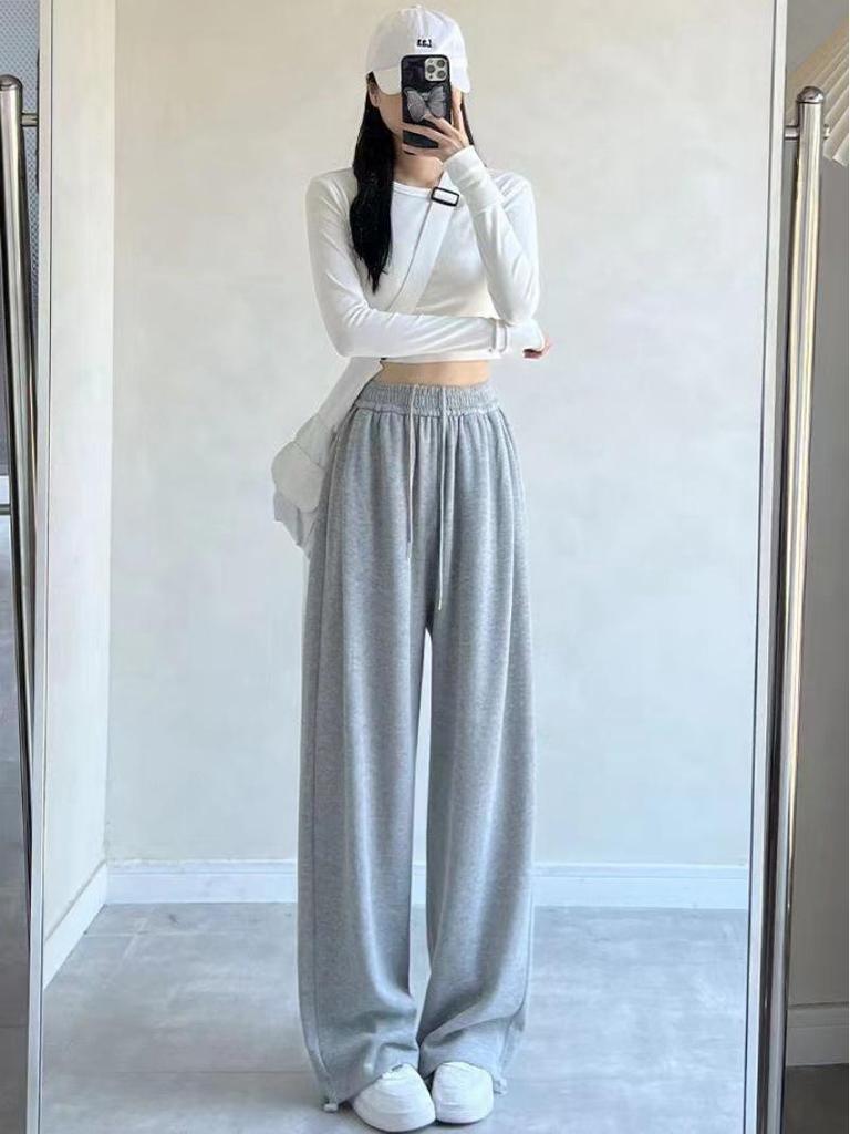 Women's American-Style Gray Sweatpants: Spring & Autumn Loose Fit, Slimming, Wide-Leg, Straight-Leg, Winter Fleece-Lined.