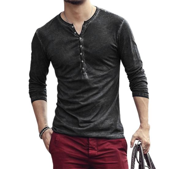 Men Solid Color Casual V Neck Thin Buttons T-shirt