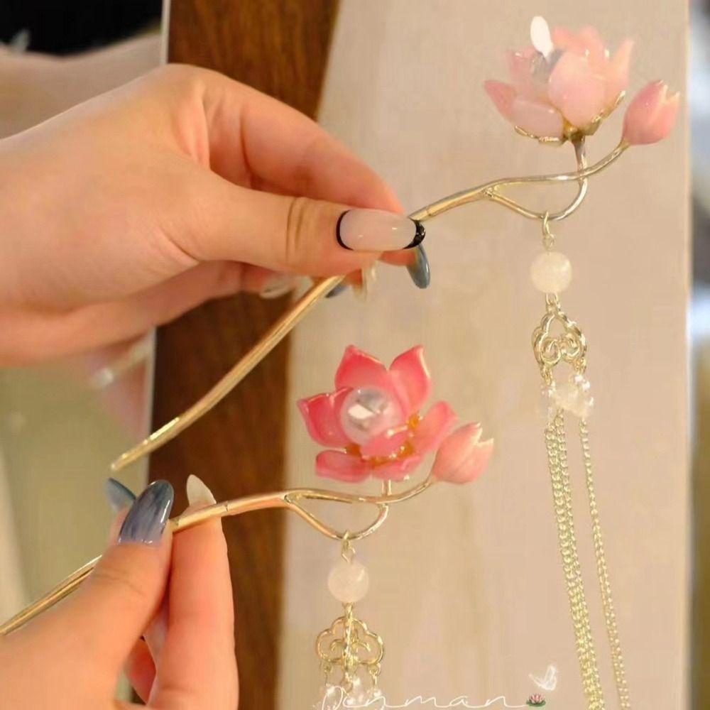 Zinc Zinc Alloy Lantern Hairpin Flower LED Light Hair Fork Exquisite Lotus Tassel Hair Stick Cheongsam