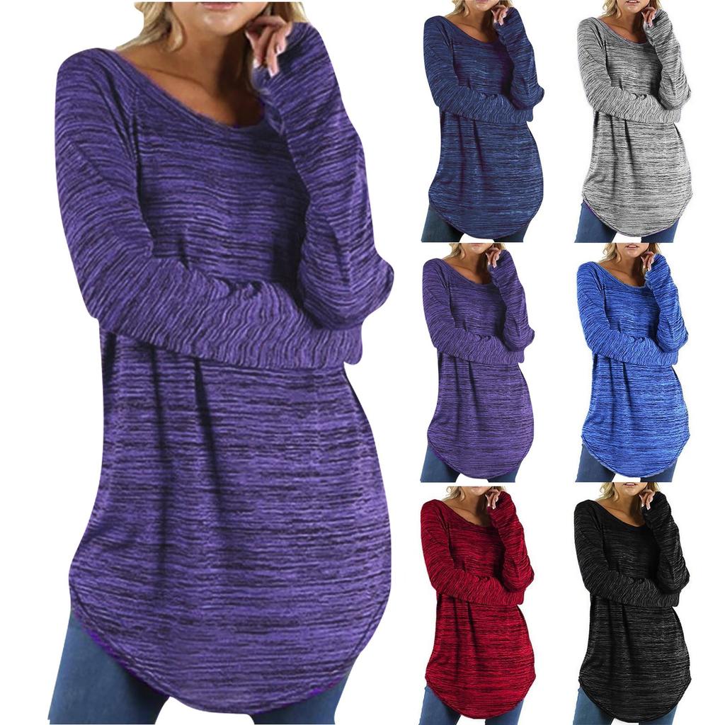 Women's Fashion Blouse Plus Size Solid Long Slim T-Shirt Long Sleeve Top