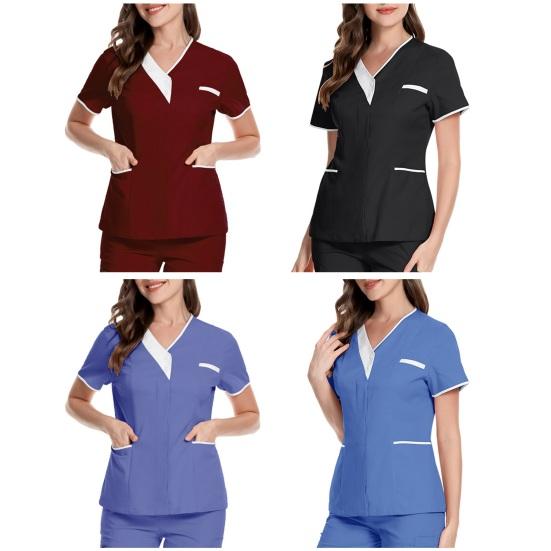 Униформа медсестры, скрабы, топы, женские топы с v-образным вырезом и короткими рукавами, пуловеры с карманами, лоскутная цветная рабочая одежда для кормящих мам