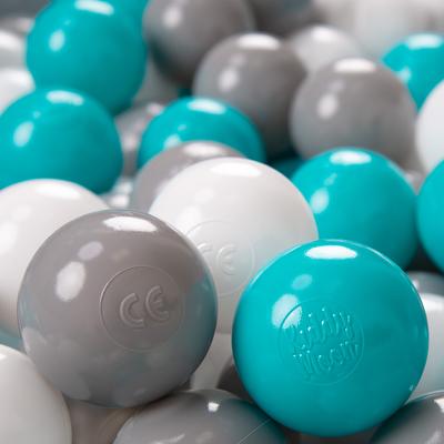 Soft Plastic Play Balls for Children 200 Balls/6cm-2.36in Colourful Certified Made In Eu, Grey/white/turquoise