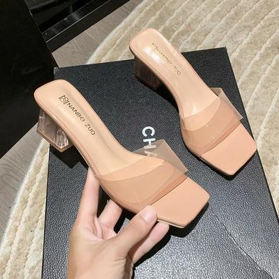 Zapatillas de cristal de tacón medio para mujer, прозрачные сандалии de punta cuadrada, a la moda, para verano