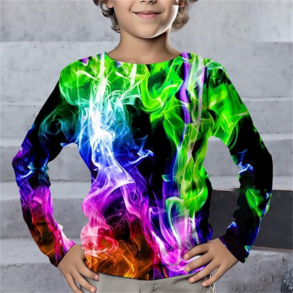 Весенне-осенняя футболка с круглым вырезом и 3D геометрическим принтом, модная повседневная детская футболка с длинным рукавом для мальчика