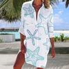 Women Beach Shirt Lapel Long Sleeve Single Breasted Shirt Tops with Patch Pockets Starfish Print Mid-length Beach Vacation Shirt