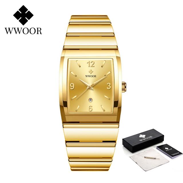 WWOOR Top Brand Luxury Men's Watches Square Stainless Steel Quartz Wristwatch Waterproof Fashion Watch for Men Date Clock