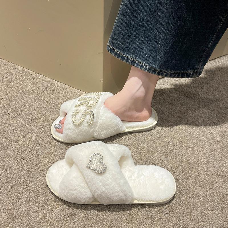 Модные зимние женские теплые и пушистые домашние тапочки с жемчугом и стразами, декоративные пушистые хлопковые тапочки