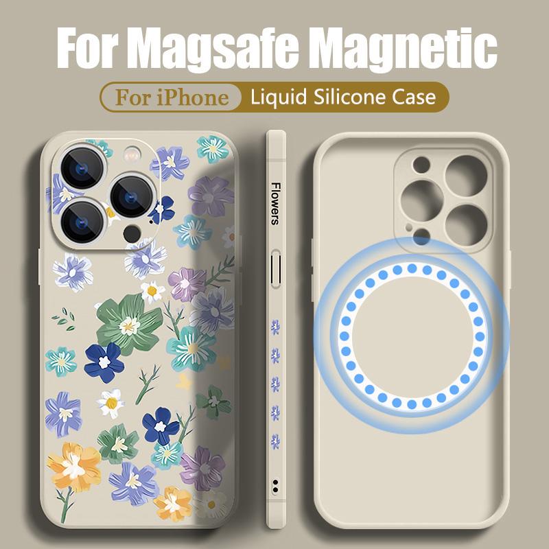 Магнитный чехол с цветочным принтом для iPhone Air 16e 17 16 15 14 13 12 Pro Max 11 Для Magsafe Беспроводная зарядка Силиконовый Мягкий ТПУ Чехол
