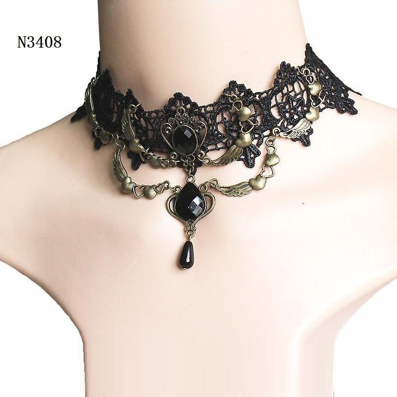 Хэллоуин Женщины Девушка Ретро Готический Панк Стиль Ожерелье Браслеты Черное Кружево Шеи Цепи Воротник Заявление Колье Викторианский Стимпанк Ювелирные Изделия