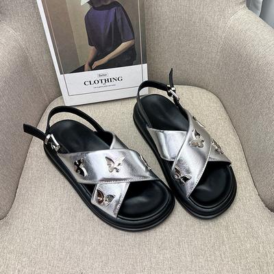 Босоножки на платформе с перекрестными ремешками и пряжкой-бабочкой, женские, новые летние, из коровьей кожи, повседневные, универсальные, плоские, пляжные туфли