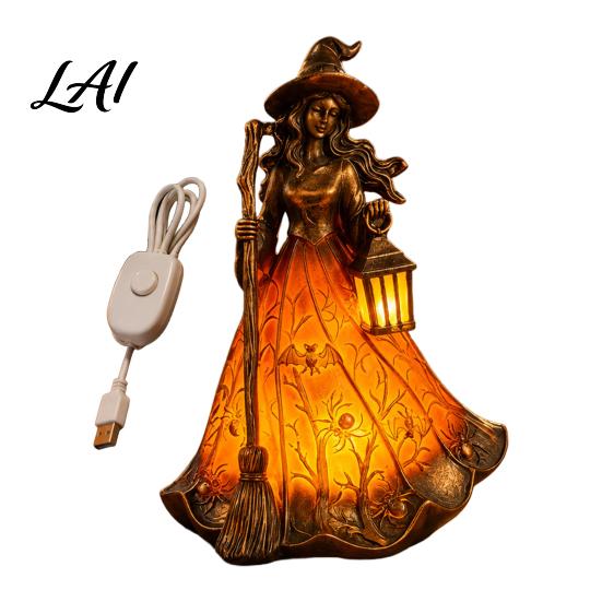 Creative Gift for Witchcraft Lovers Halloween Gothic Night Lamp Witch Tabletop Light with Broom & Lantern Spooky Home Decor Ornament USB Powered