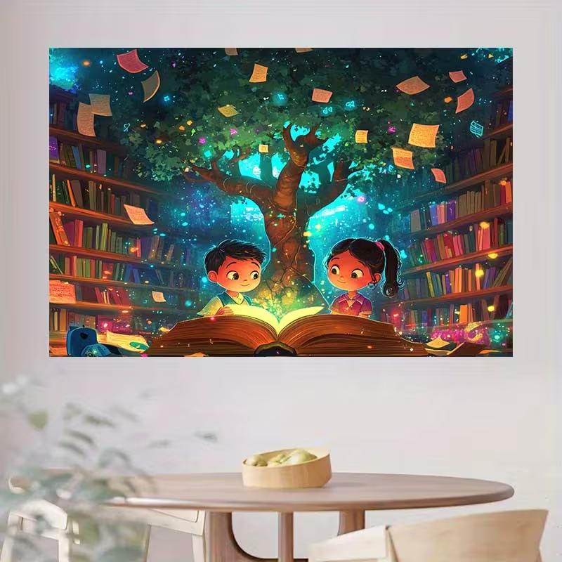 2D Магическое Дерево Чтения Фон, Фантастическая Книжная Тема Задний План