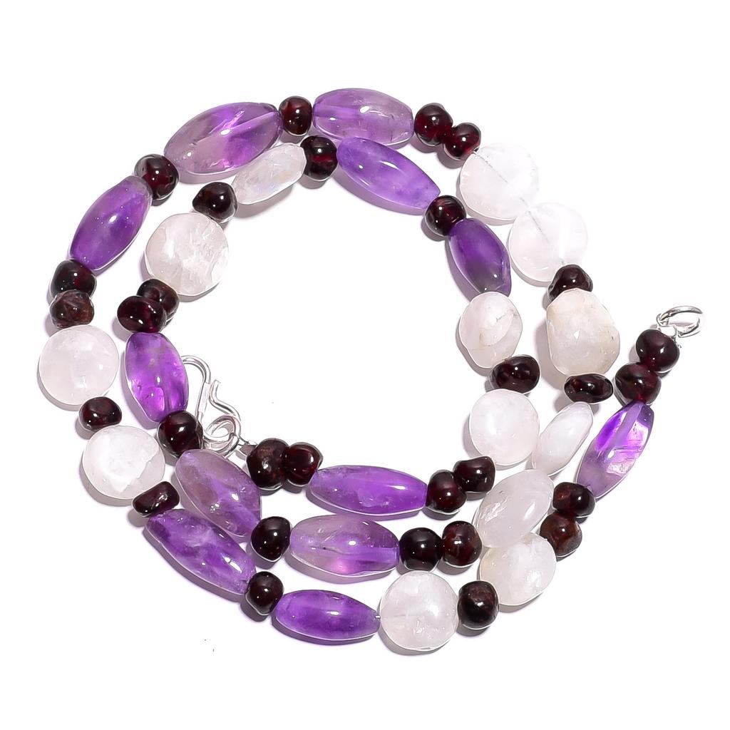 Natural Moonstone Amethyst Garnet Gemstone Smooth Beads Necklace 17" UB-5111 UB-5111