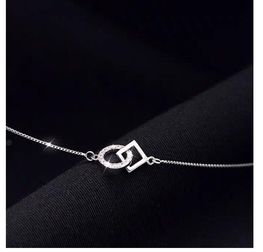 Серебряное ожерелье S925 с двойным кольцом и бриллиантами - Геометрический дизайн: квадрат и круг, Стиль: крутой, Цепочка на ключицу для женщин.