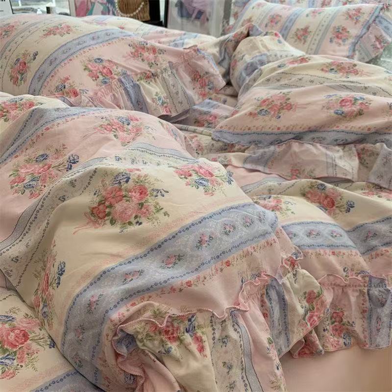 Korean Style Princess Floral Bedding Set Washed Cotton Vintage French Pastoral Flowers Lace Ruffles Duvet Cover Set Pillowcase