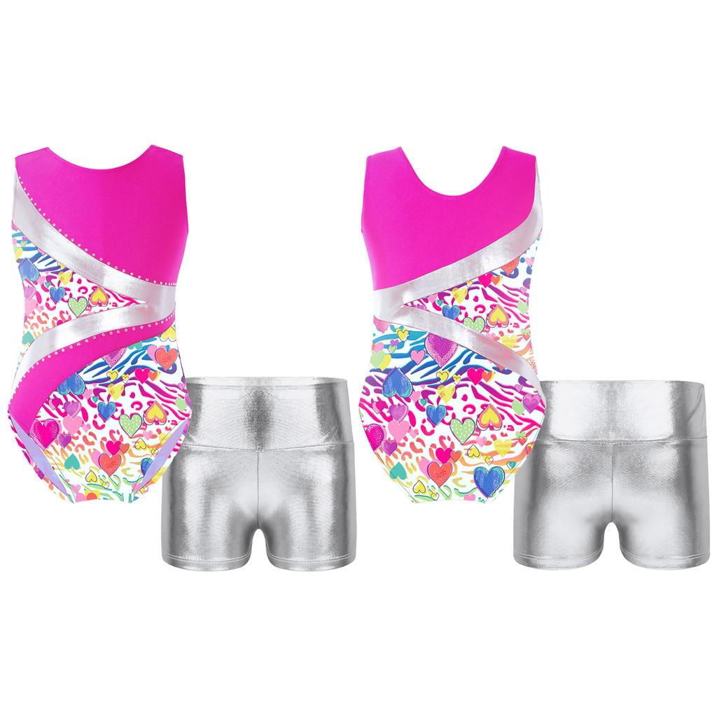 Детские гимнастические купальники без рукавов с круглым вырезом для девочек и шорты, наряды для спортивных танцев, велосипедки