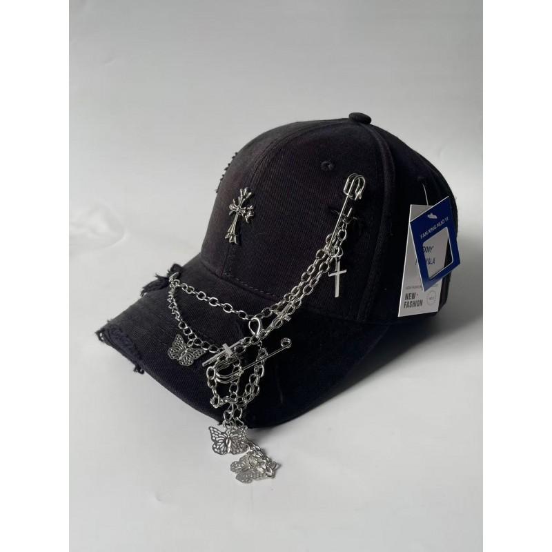 Distressed Cross Chain Baseball Cap With Butterfly Charm Unisex Streetwear Hat Cotton Bend Brim Adjustable