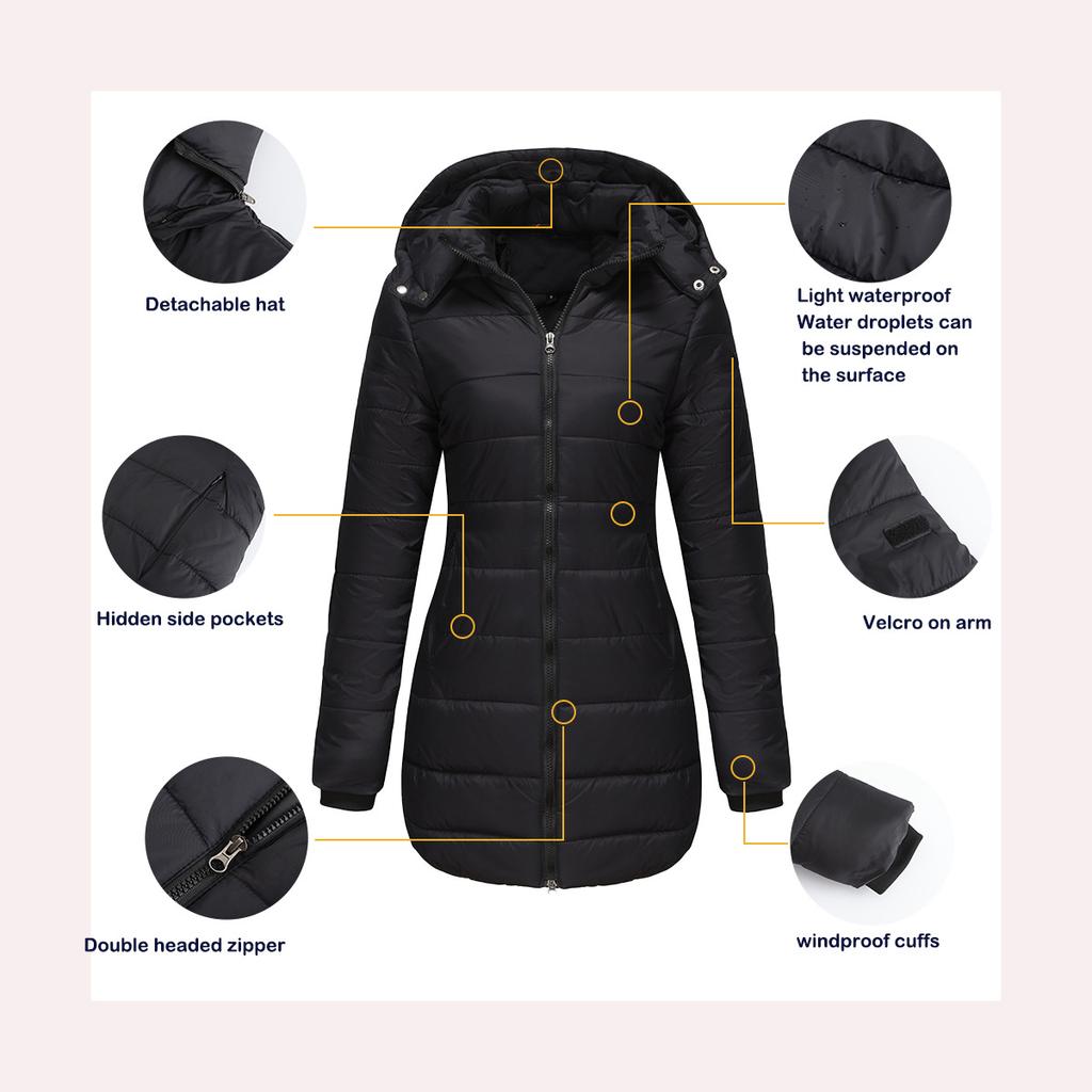 Women's Waterproof Cotton Loose Jacket, Autumn Winter Long Sleeve Parka Warm Cotton Coat, Detachable Hood, Multiple Colors Available