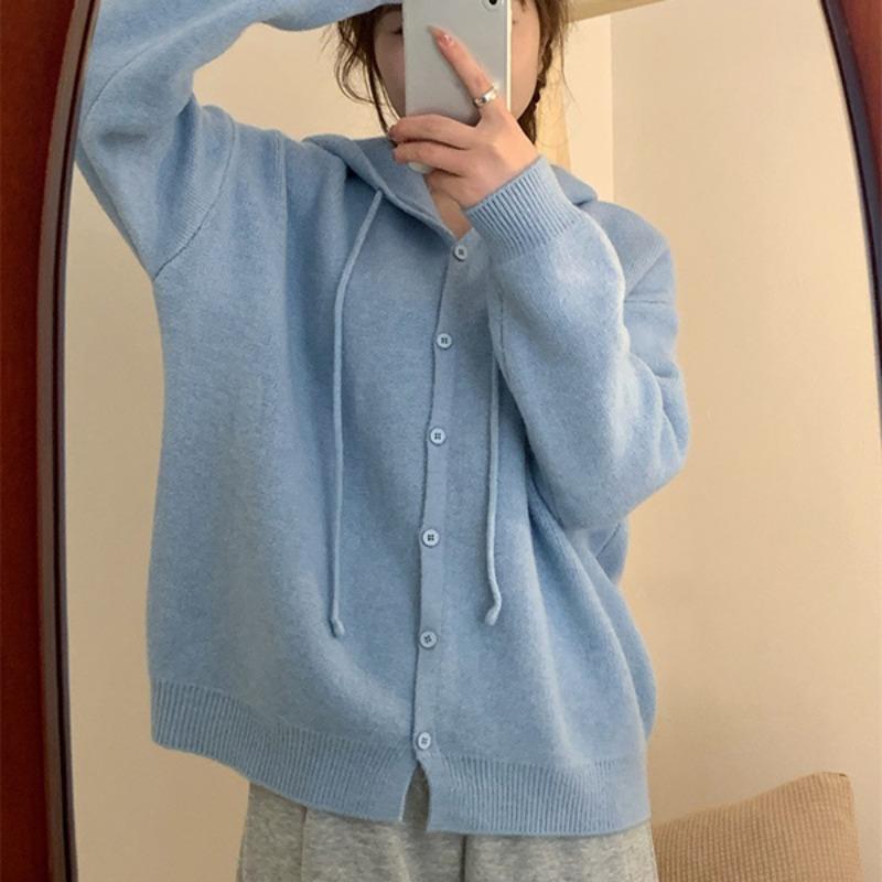 Корейский свитер, однотонный вязаный кардиган с капюшоном, женский весенне-осенний свитер, куртка, свободный повседневный свитер с шалью, женский кардиган