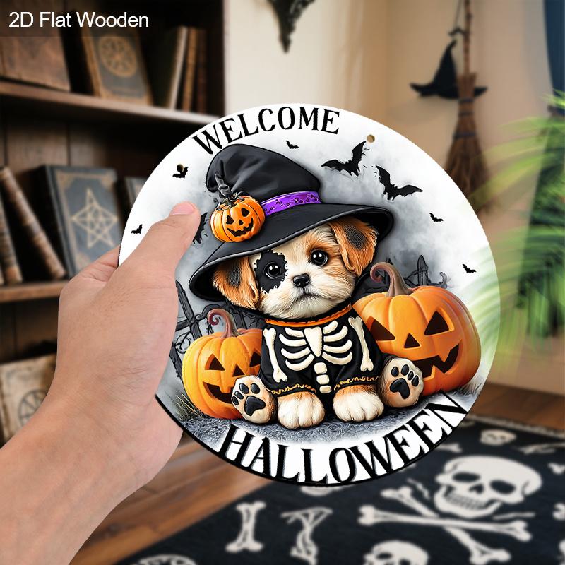 Halloween Wooden Welcome Sign with Dog & Pumpkin Pattern - Charming Figurine Ornaments - Ideal for Front Door, Wall, Room Decor