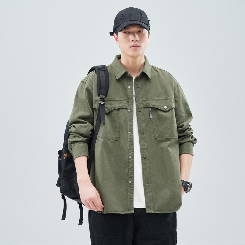 Heavy Washed Cotton Japanese Retro Trendy Brand Loose Casual Shirt Jacket Dark Gray Army Green Jujube