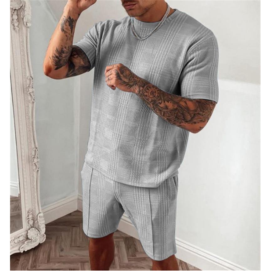 Летний спортивный костюм мужской повседневный спортивный комплект однотонный клетчатый комплект с шортами с коротким рукавом мужская мода 2 предмета спортивная одежда