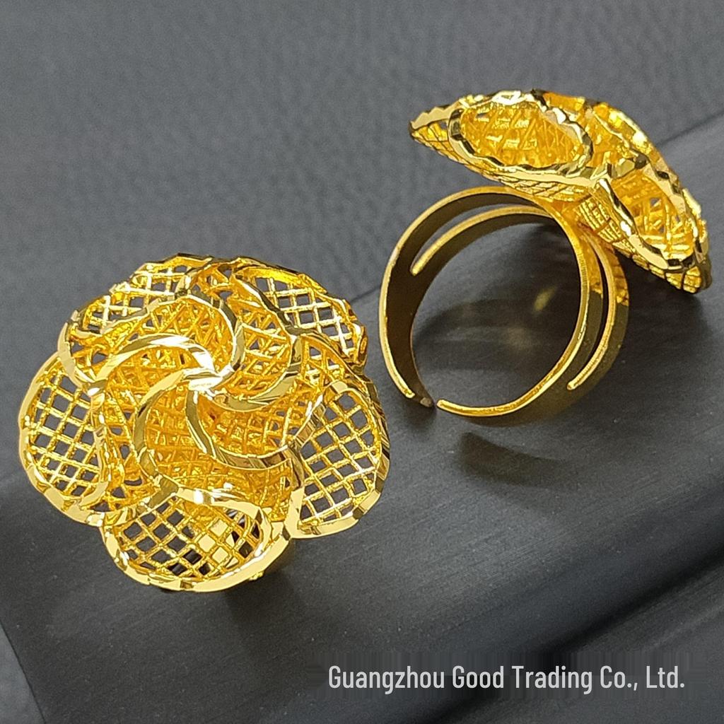 Вьетнамское кольцо из меди с 24-каратным золотым покрытием в виде цветка - Не тускнеющее, Регулируемый размер для невест