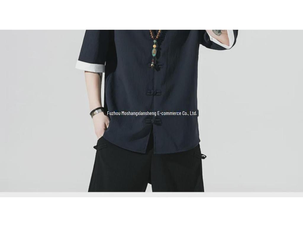 Мужская летняя рубашка из льна с коротким рукавом в стиле Тан - Топ в древнекитайском стиле Ханьфу