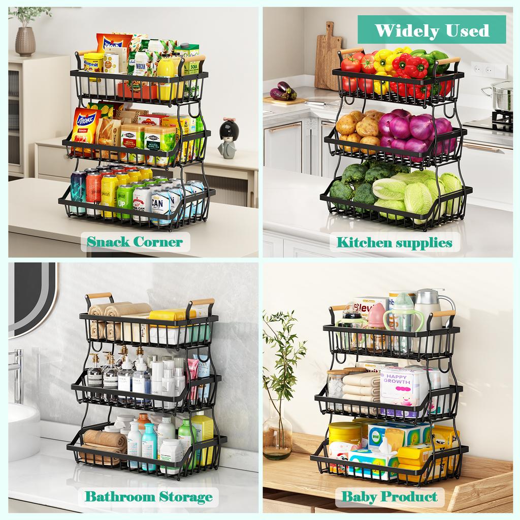 3-ярусная настольная фруктовая корзина с 2 крючками для бананов, съемное металлическое устройство, деревянная ручка, может вмещать овощи и фрукты, черная