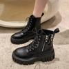 2024 Новые Однотонные Высококачественные Женские Ботильоны Женские Ботинки на Толстой Подошве Современные Ботинки Круглый Носок Шнуровка Молния Высокий Каблук