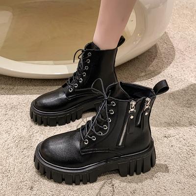2024 Новые Однотонные Высококачественные Женские Ботильоны Женские Ботинки на Толстой Подошве Современные Ботинки Круглый Носок Шнуровка Молния Высокий Каблук