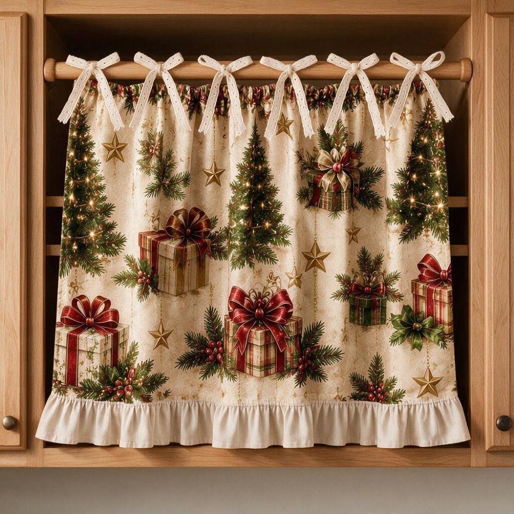 Xmas Tree Snowflake Printed Christmas Oven Short Curtain Decorative Cabinet Curtain Kitchen Window