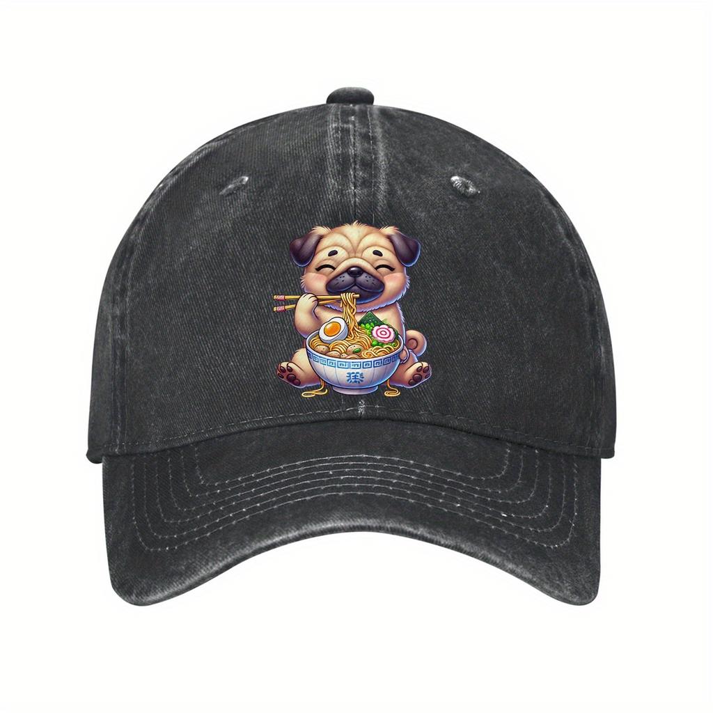 Cute Pug Eating Ramen Print Cotton Baseball Cap Funny Animal Lovers Adjustable Dad Hat Casual