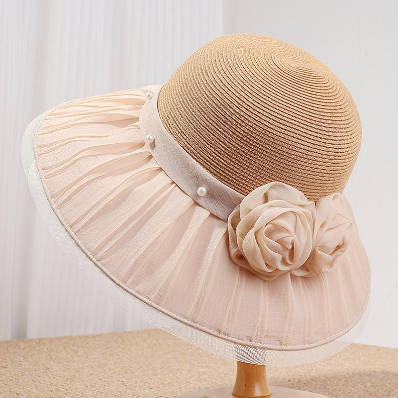 Hepburn style straw hat women's summer pearl flower decoration big brim sun hat elegant temperament top hat beach sun hat