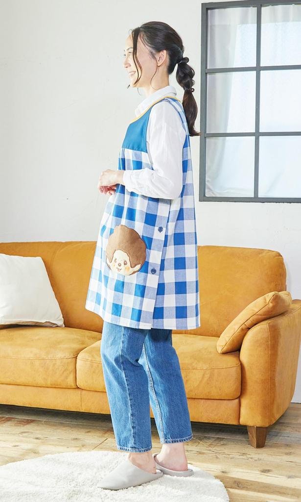 Atelier Momo & Momo Monchhichi Apron, Side Opening, Check Pattern, Blue, Women's, M-L, MA43865-51