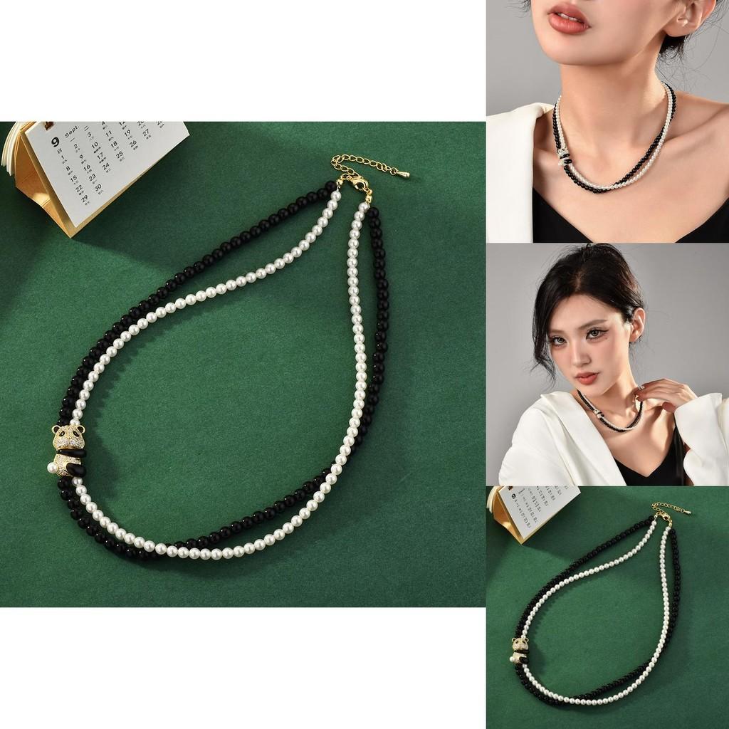 Vintage Inspired Black And White Crystal Pearl Choker Necklace Featuring Adorable Panda Charm