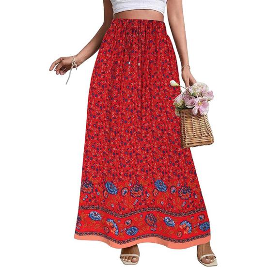 Women Maxi Skirt High Waist A-Line Style Floral Print Long Skirt