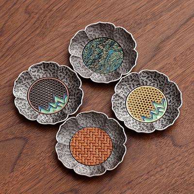 Подставка под чашку из антикварного серебряного сплава, противоожоговый бамбуковый коврик, изолированный держатель для чашки, блюдце, аксессуары для чая кунг-фу с полкой для хранения