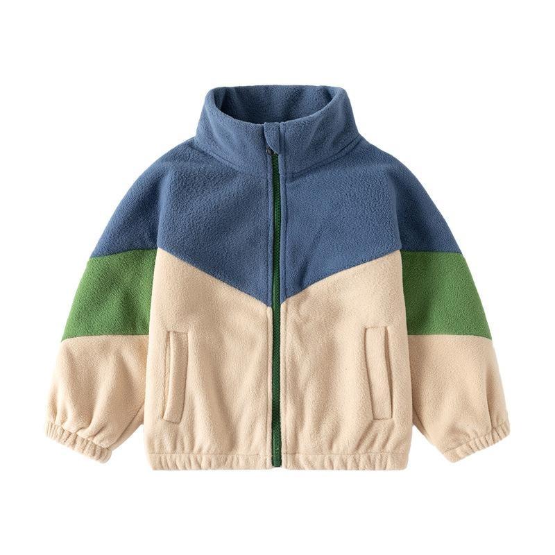 Stand Collar Autumn and Winter Fashion Warm Kids Coat Soft Loose Polyester Material Boys' Color-block Fleece Jacket