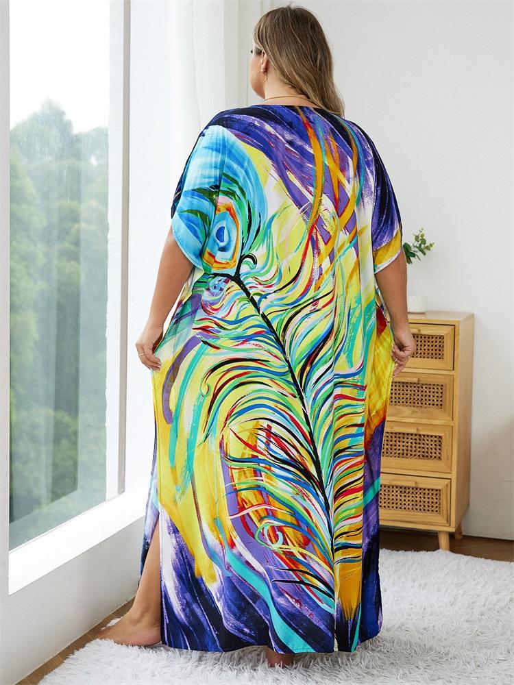 EDOLYNSA Plus Size Bohemian Women Caftan Kaftan House Robe Homewear Beach Dress Swimsuit Cover-up Light Jacket Vacation Long Dress Q1577