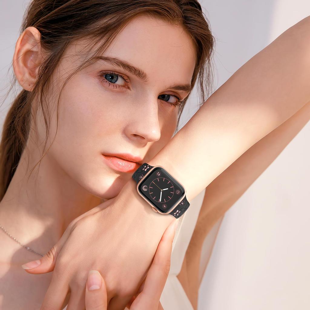 Floral Engraved Strap For Apple Watch Ultra 2 Band 49mm 41mm 40mm 44mm 45mm 46mm Silicone bracelet iWatch Series 10 SE 9 8 7 6 3