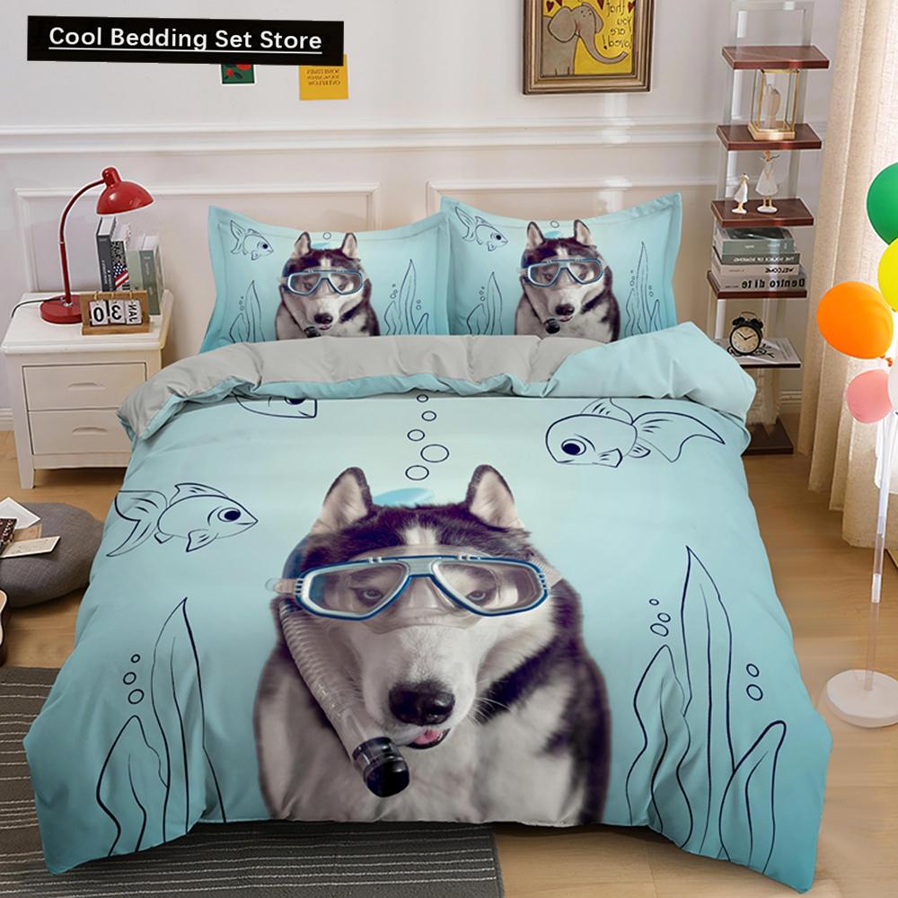 Husky Dog Bedding Set King Queen Size Funny Pet Puppy Duvet Cover for Kids Boys Girls Cute Animal 2/3pcs Polyester Quilt Cover