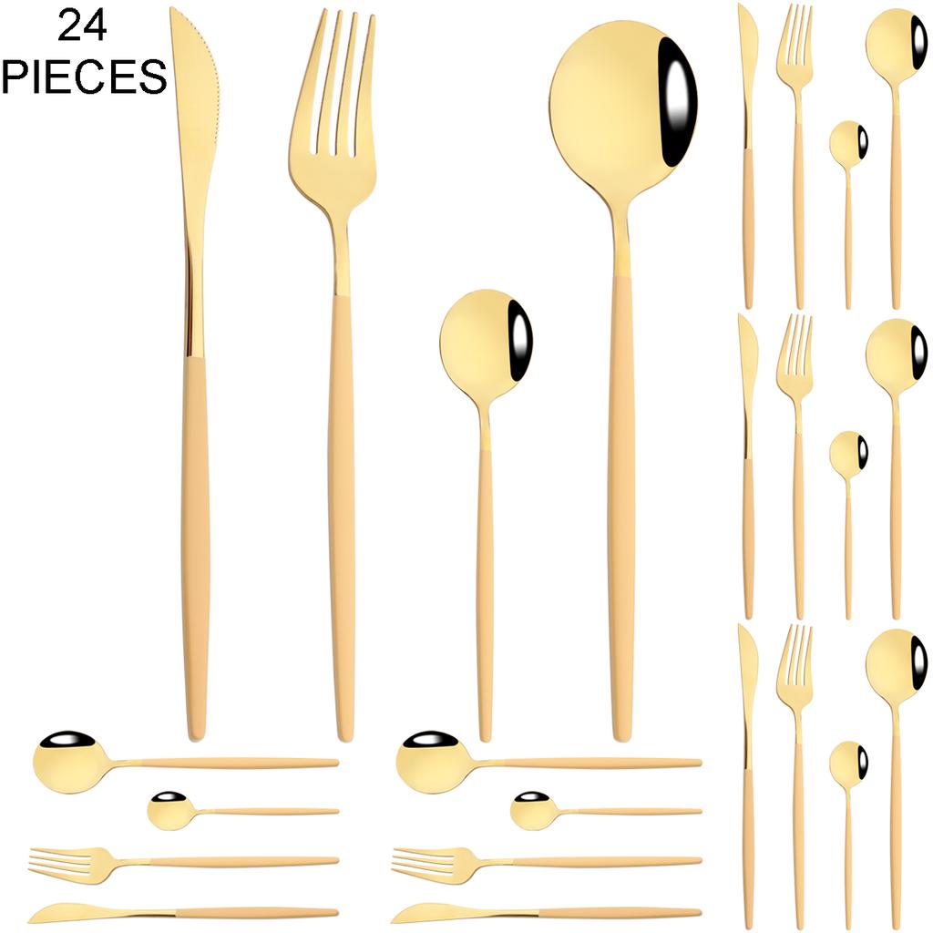 Gold 24Pcs Dinnerware Cutlery Set Knife Fork Coffee Spoon Tableware Set Mirror Stainless Steel Flatware Western Kitchen Silverware