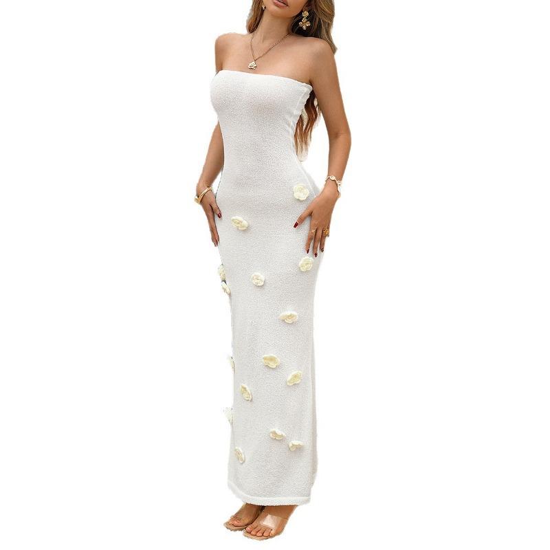 Women Elegant Solid Color 3d Flower Strapless High Waist Bodycon Long Dress