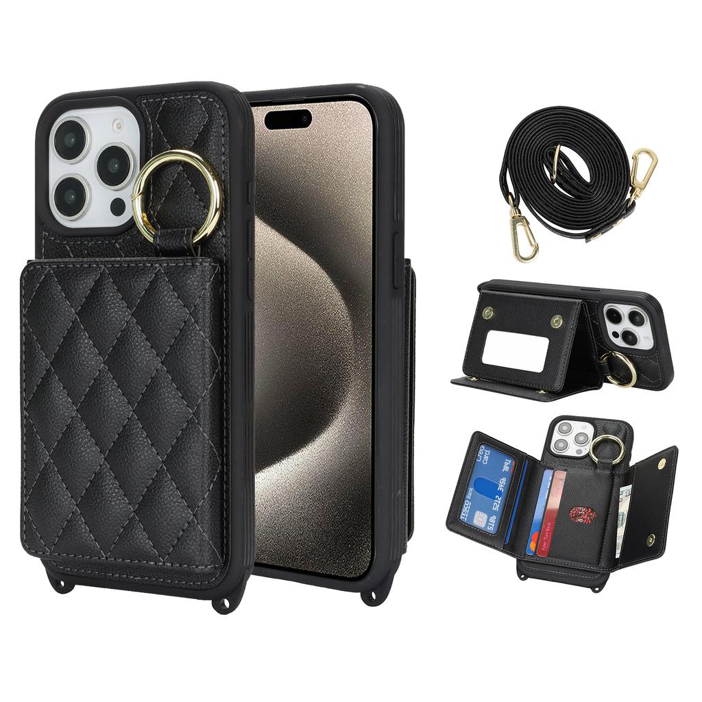 For iPhone 15 Pro Case with Lanyard/Mirror/Card Holder Grids Pattern RFID Blocking Phone Cover